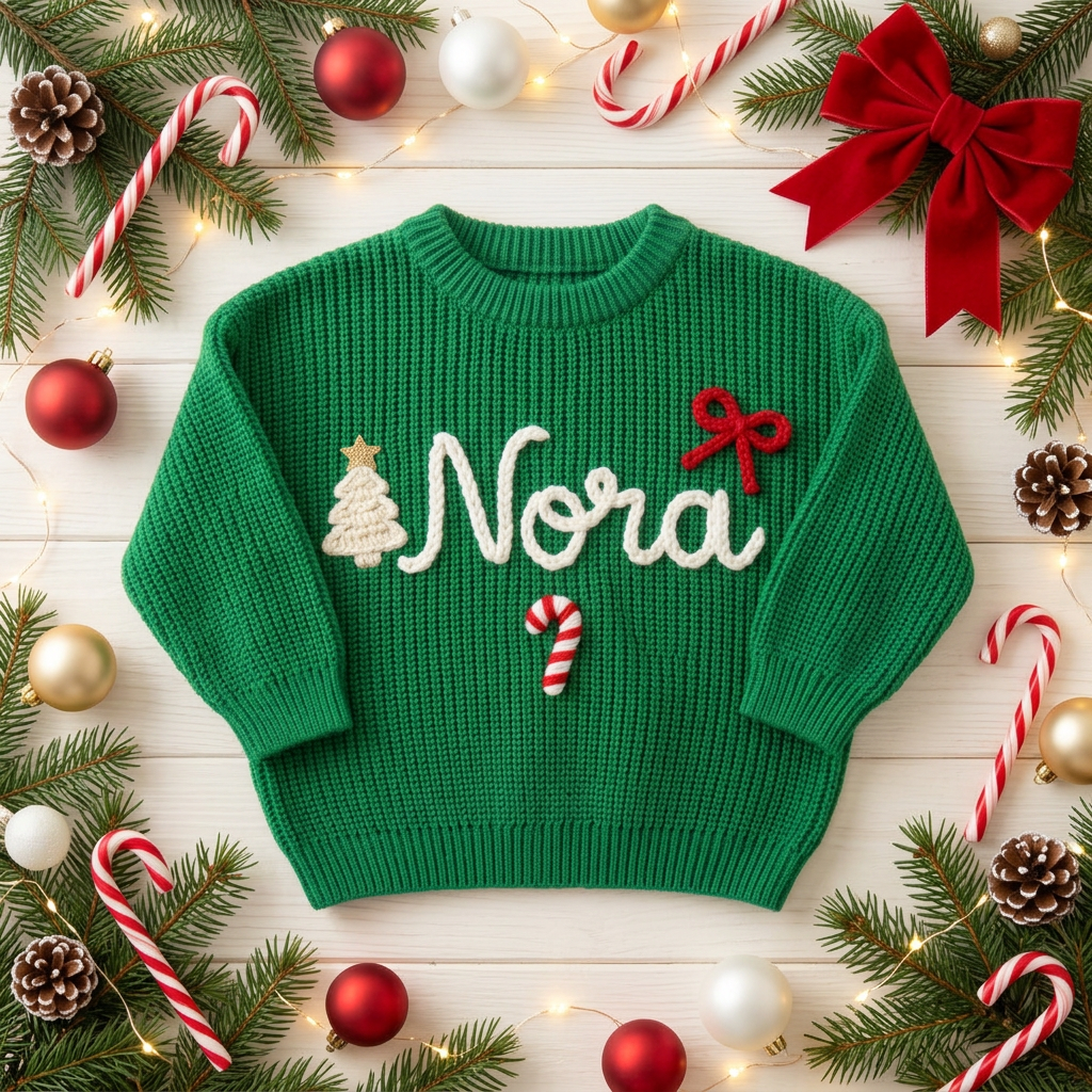Personalized Christmas sweater with hand embroidered Christmas tree, bow & candy cane among Christmas decorations