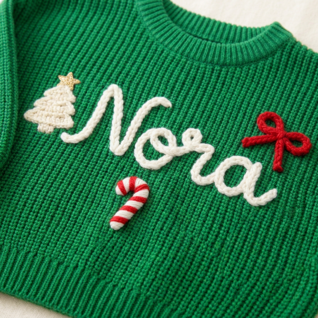 Close-up of hand embroidered Christmas tree, bow & candy cane on chunky knit