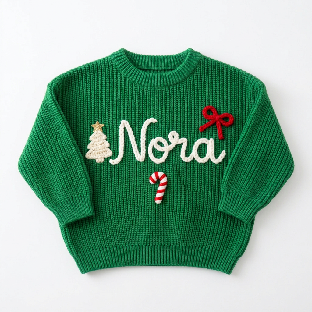 Hand embroidered Christmas tree, bow & candy cane Christmas sweater on a plain background