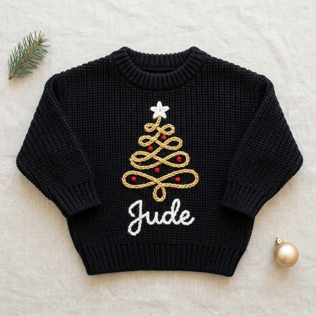 Personalized baby Christmas sweater, hand embroidered gold swirl Christmas tree, flat lay