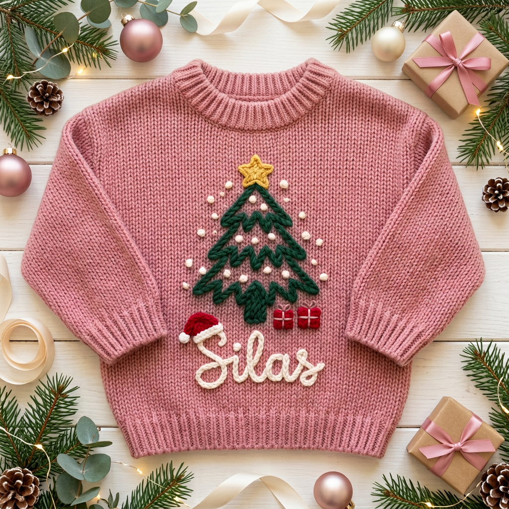 Personalized Christmas sweater with hand embroidered Christmas tree & santa hat among Christmas decorations