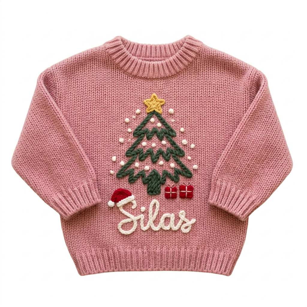 Hand embroidered Christmas tree & santa hat Christmas sweater on a plain background
