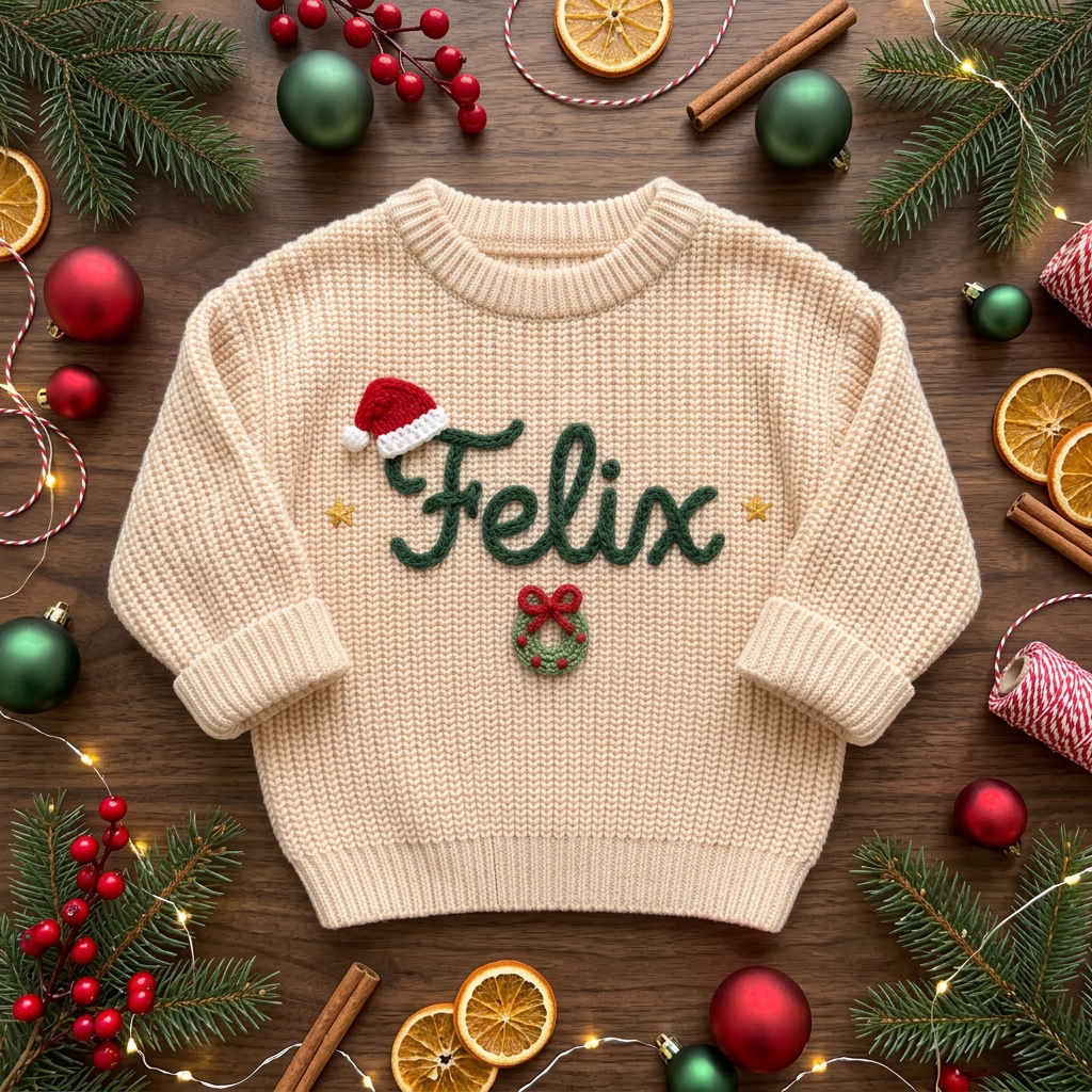 Personalized Christmas sweater with hand embroidered santa hat & Christmas wreath among Christmas decorations
