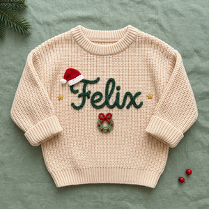 Personalized baby Christmas sweater, hand embroidered santa hat & Christmas wreath, flat lay