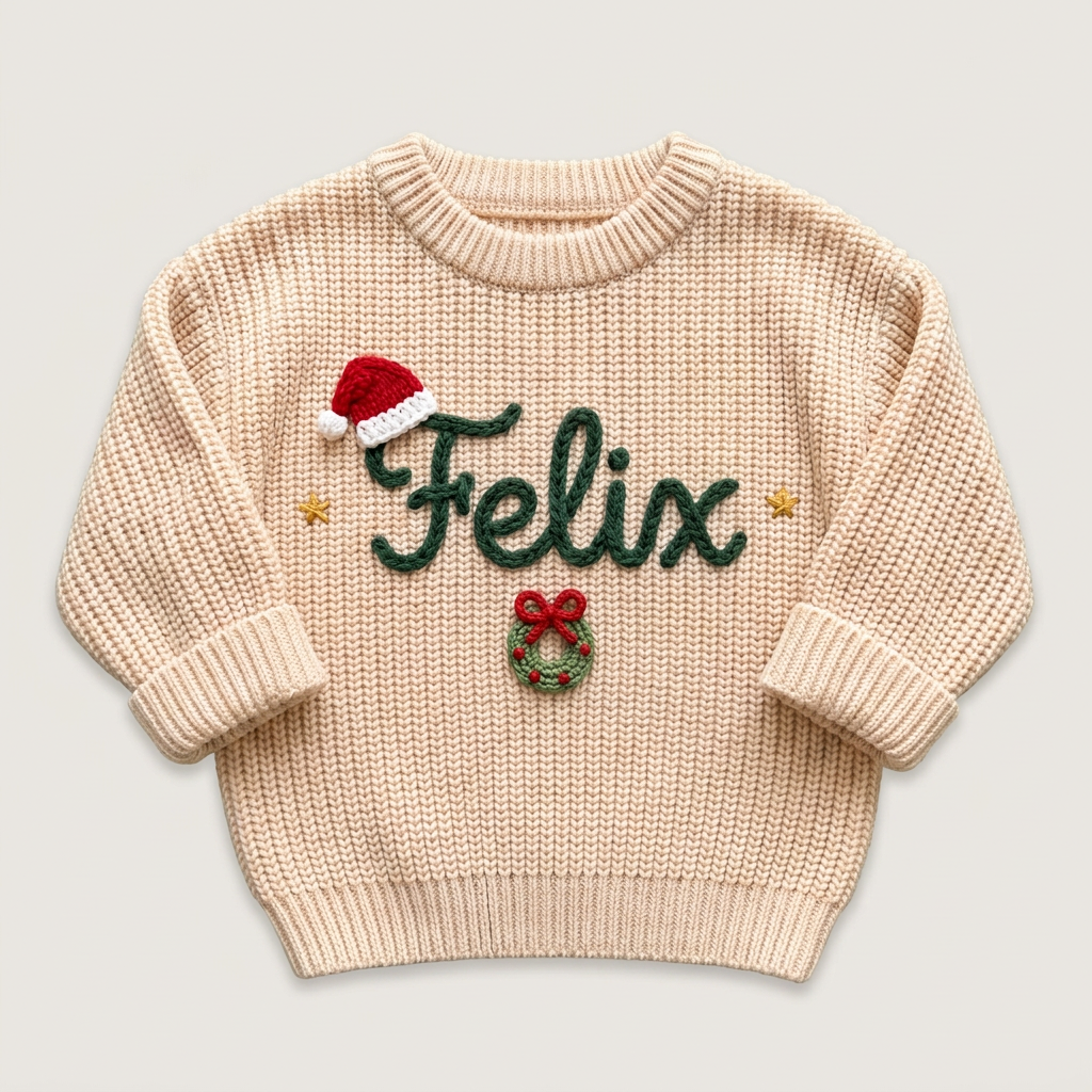 Hand embroidered santa hat & Christmas wreath Christmas sweater on a plain background