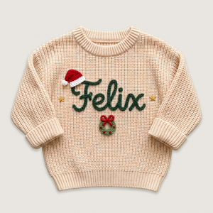 Hand embroidered santa hat & Christmas wreath Christmas sweater on a plain background