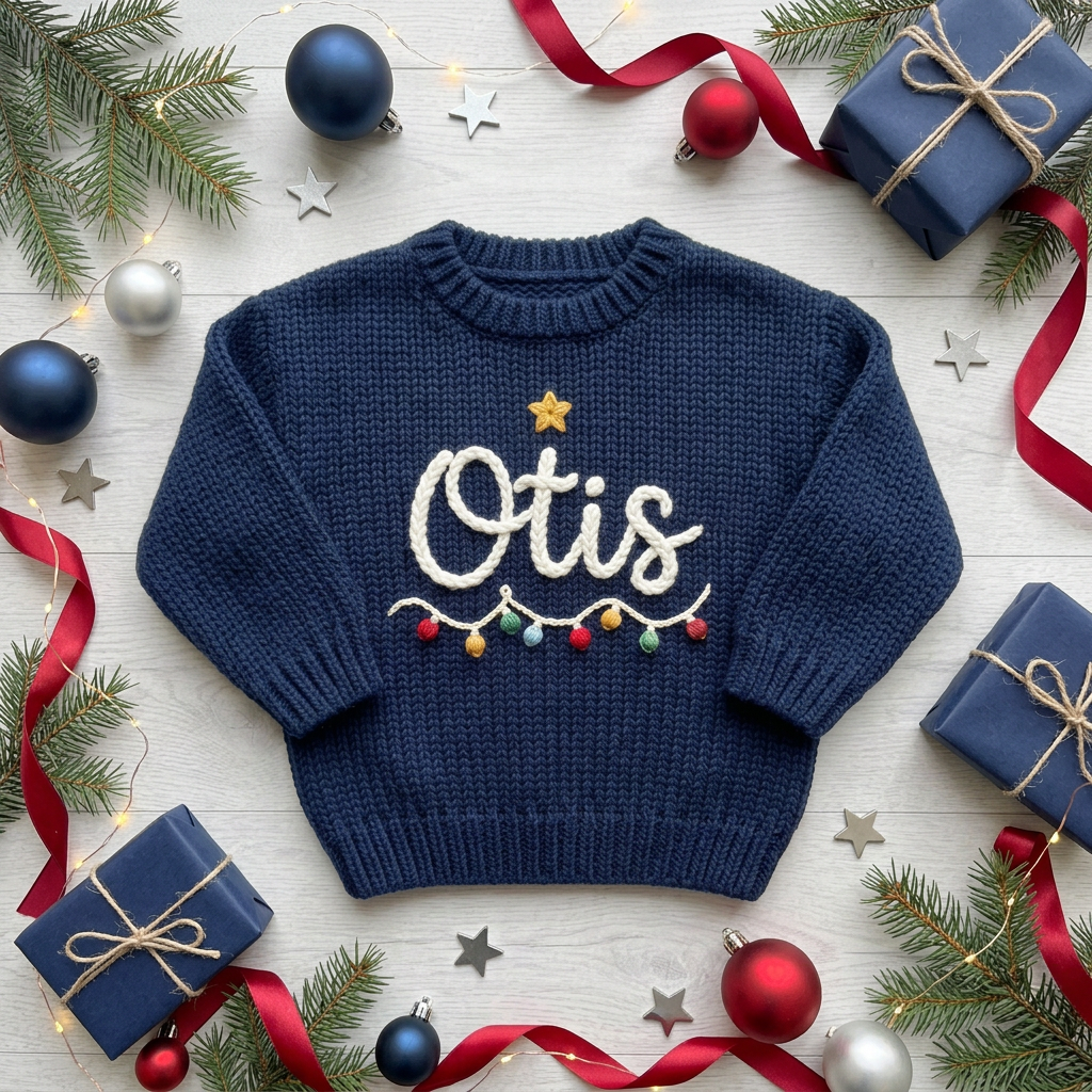 Personalized Christmas sweater with hand embroidered Christmas string lights among Christmas decorations