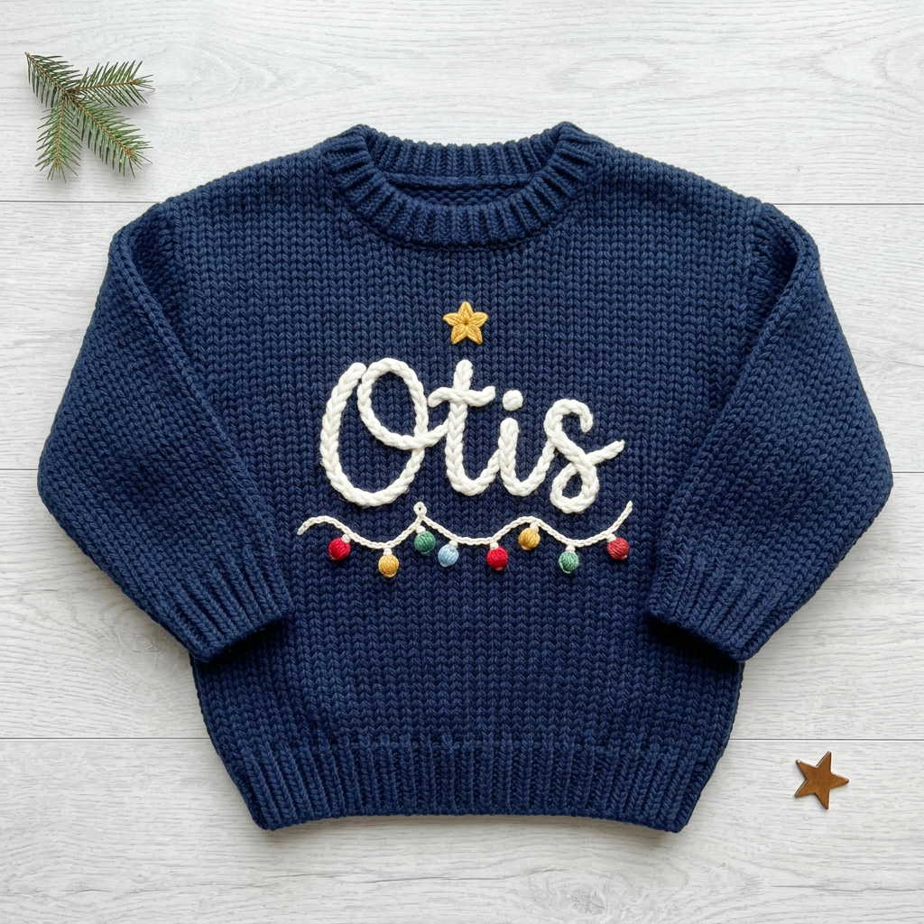 Personalized baby Christmas sweater, hand embroidered Christmas string lights, flat lay
