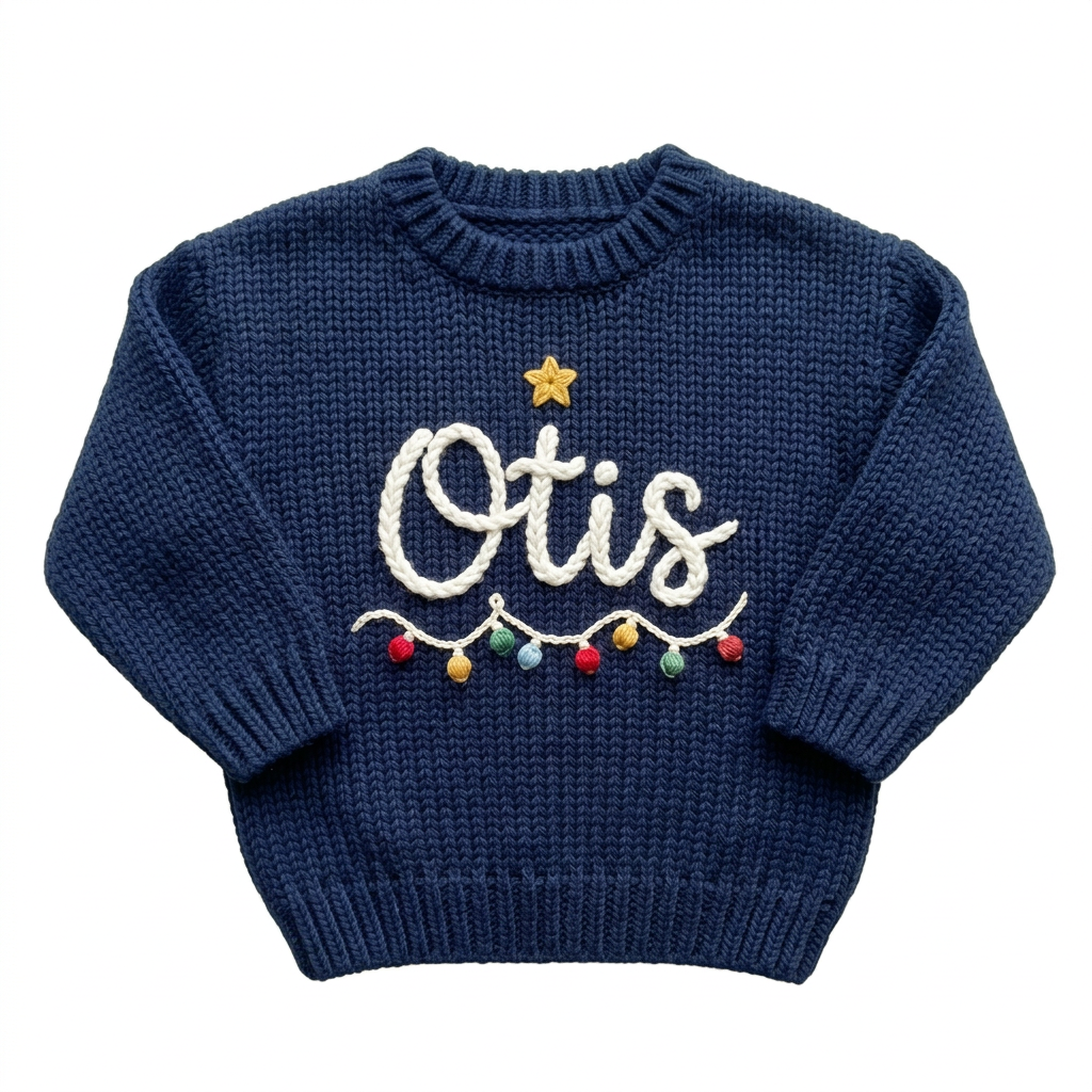 Hand embroidered Christmas string lights Christmas sweater on a plain background