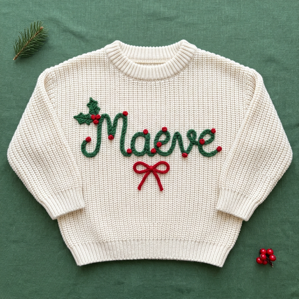 Personalized baby Christmas sweater, hand embroidered holly berry name & bow, flat lay