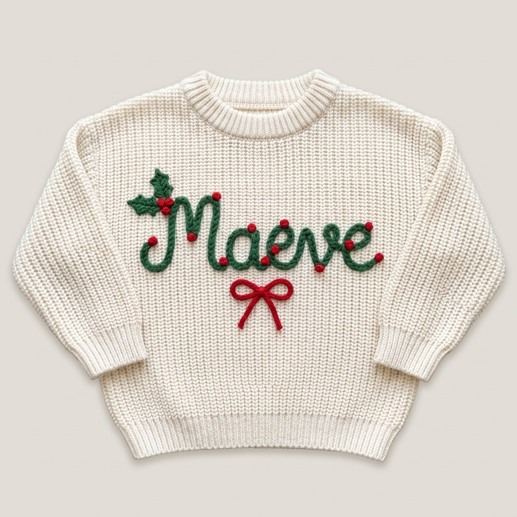 Hand embroidered holly berry name & bow Christmas sweater on a plain background