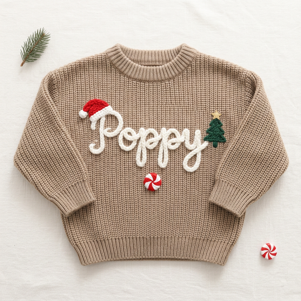 Personalized baby Christmas sweater, hand embroidered santa hat, tree & peppermint, flat lay