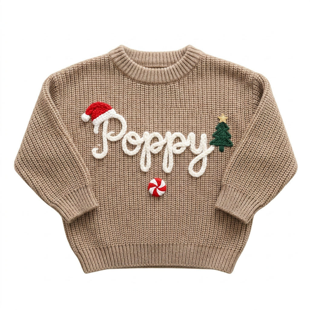Hand embroidered santa hat, tree & peppermint Christmas sweater on a plain background
