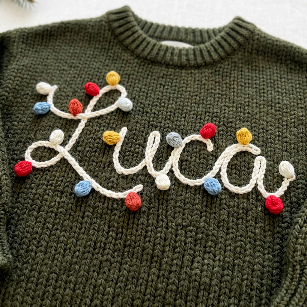 Close-up of hand embroidered string lights name on chunky knit
