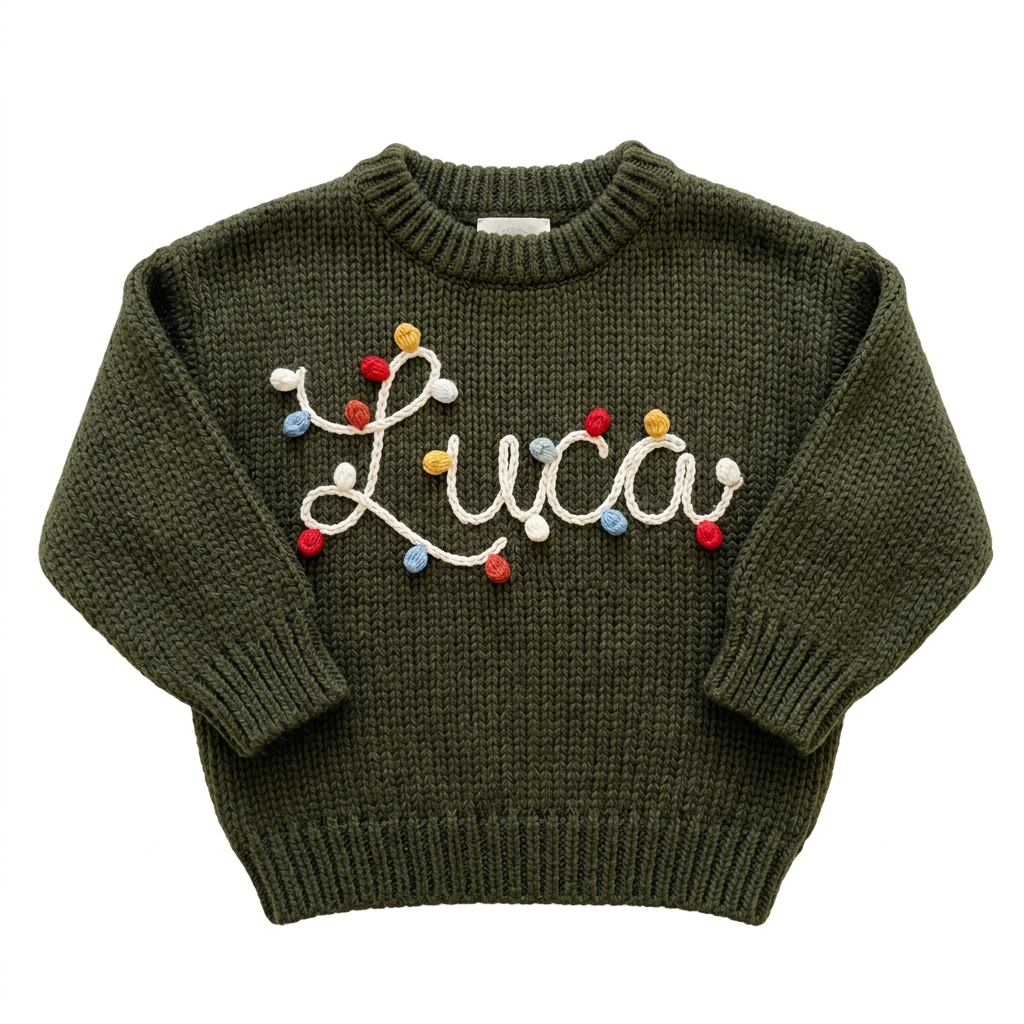 Hand embroidered string lights name Christmas sweater on a plain background
