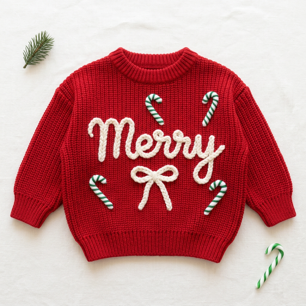 Personalized baby Christmas sweater, hand embroidered Merry & candy canes, flat lay