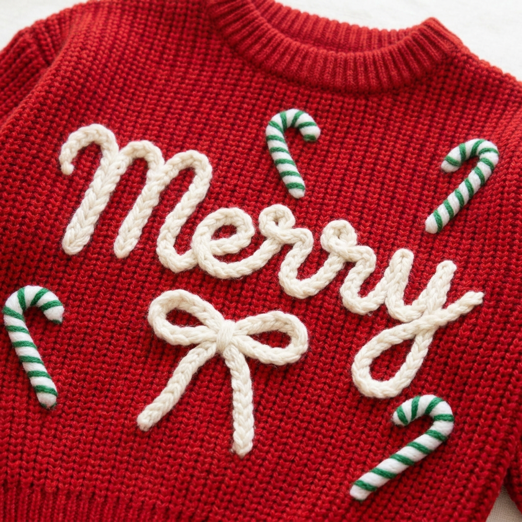 Close-up of hand embroidered Merry & candy canes on chunky knit