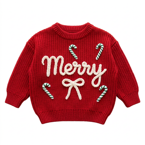 Hand embroidered Merry & candy canes Christmas sweater on a plain background