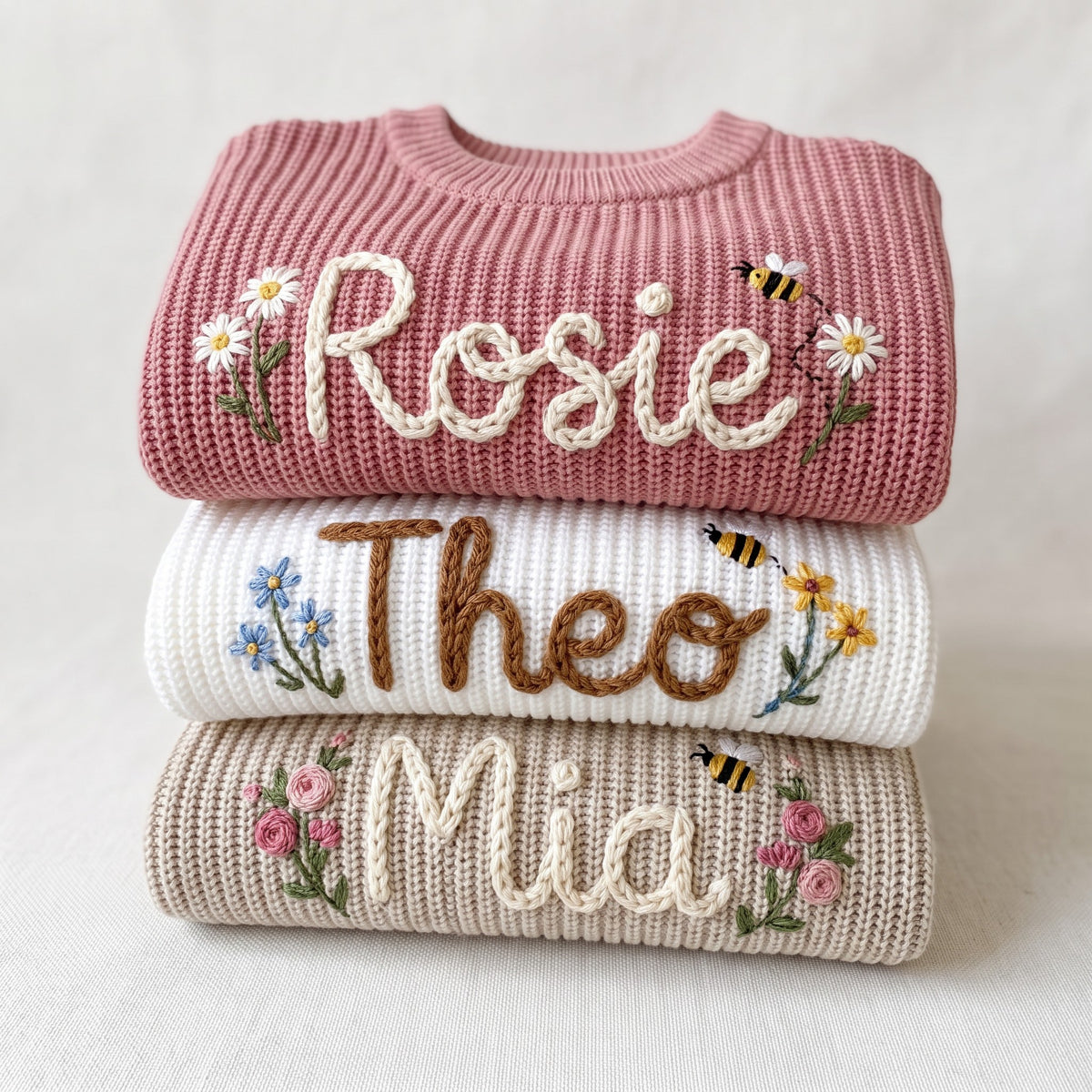 Hand embroidered name sweaters in three knit colors