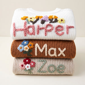 Hand embroidered name sweaters in three knit colors