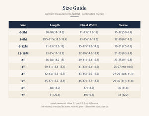 Kids sweater size guide with length, chest width and sleeve measurements