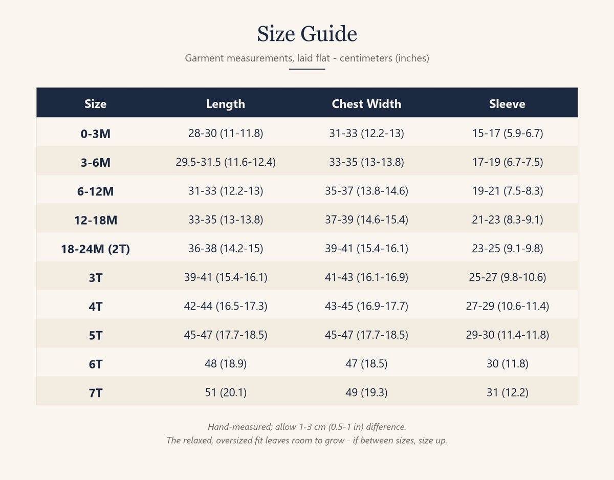 Kids sweater size guide with length, chest width and sleeve measurements