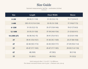 Kids sweater size guide with length, chest width and sleeve measurements