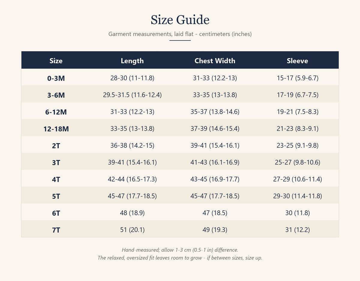 Kids sweater size guide with length, chest width and sleeve measurements