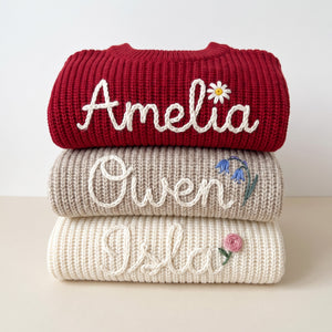 Hand embroidered name sweaters in three knit colors