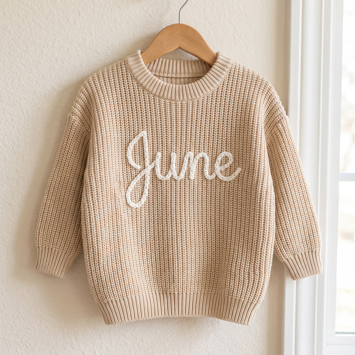 Personalized kids sweater on a wooden hanger