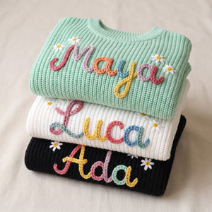 Hand embroidered name sweaters in three knit colors
