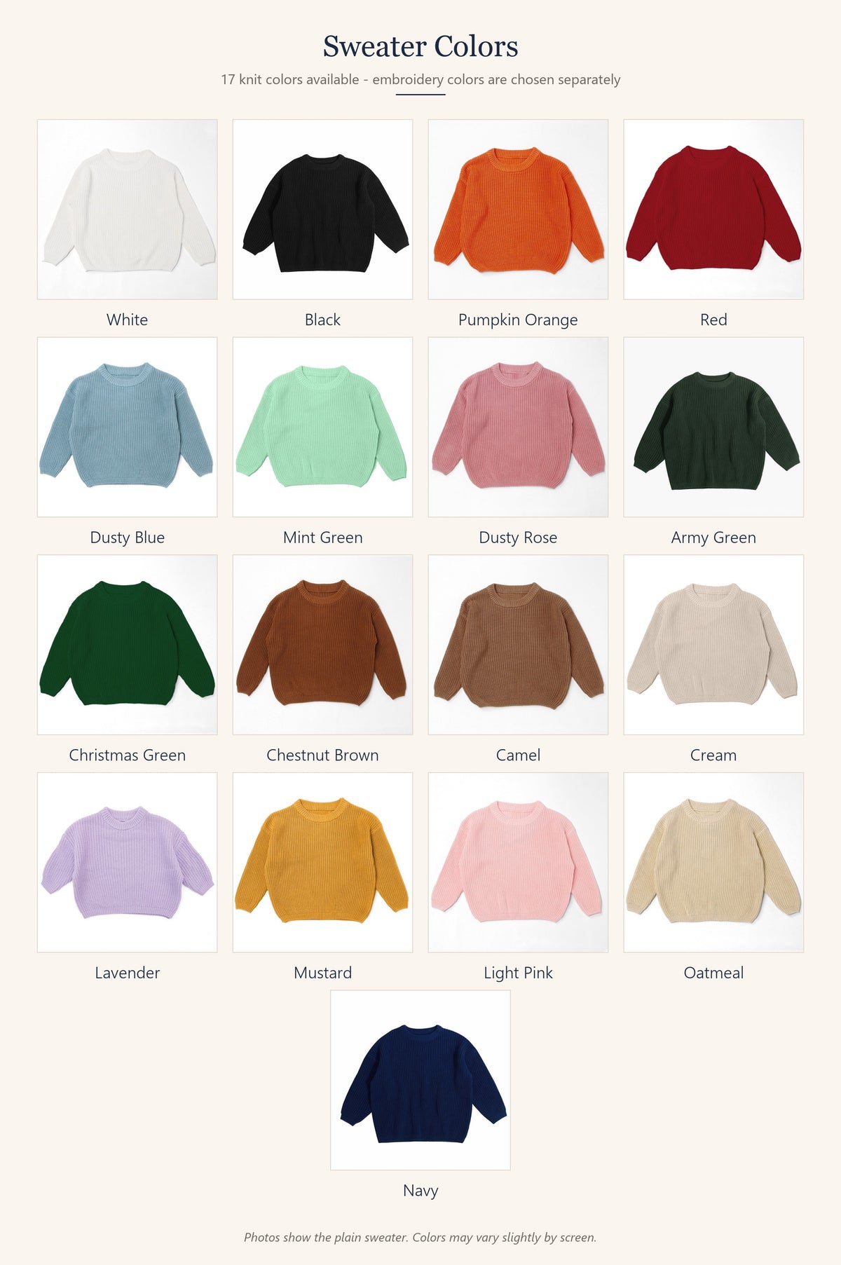 Available knit colors for the hand embroidered kids sweater