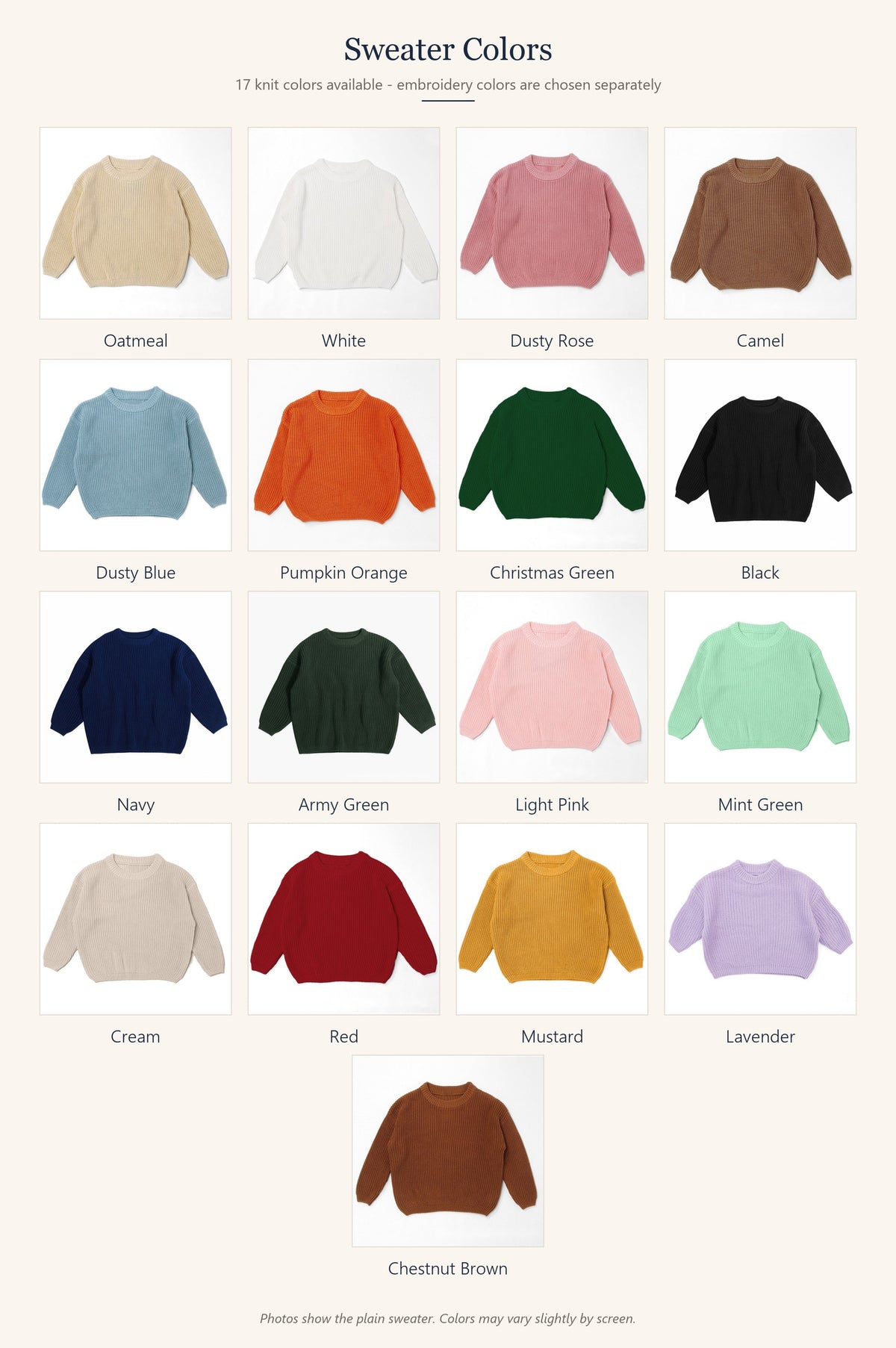Available knit colors for the hand embroidered kids sweater