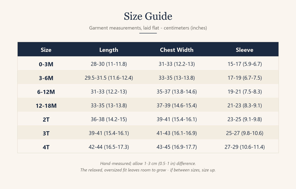 Kids sweater size guide with length, chest width and sleeve measurements