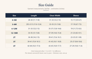 Kids sweater size guide with length, chest width and sleeve measurements