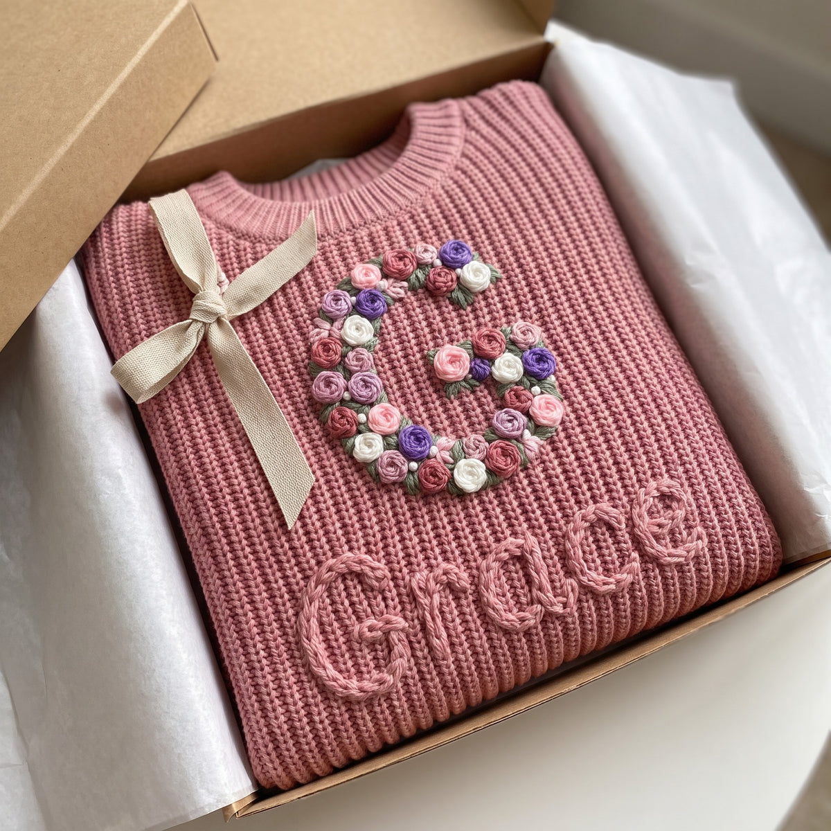 Personalized kids sweater in a gift box