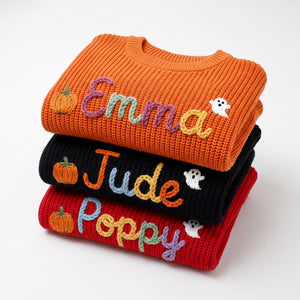 Hand embroidered name sweaters in three knit colors
