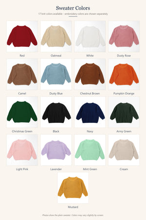 Available knit colors for the hand embroidered kids sweater