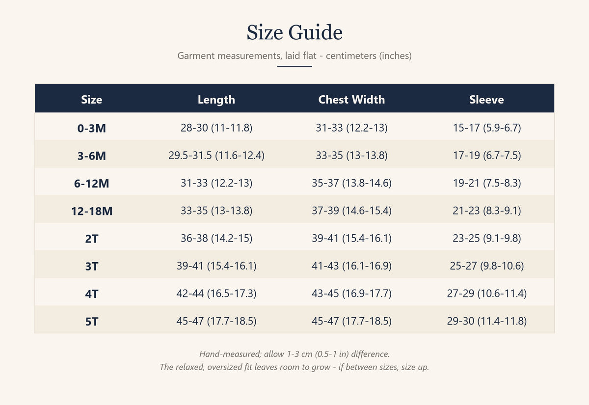 Kids sweater size guide with length, chest width and sleeve measurements