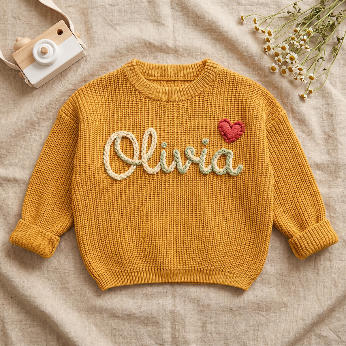 Custom Embroidered Name Toddler Sweater – flat lay