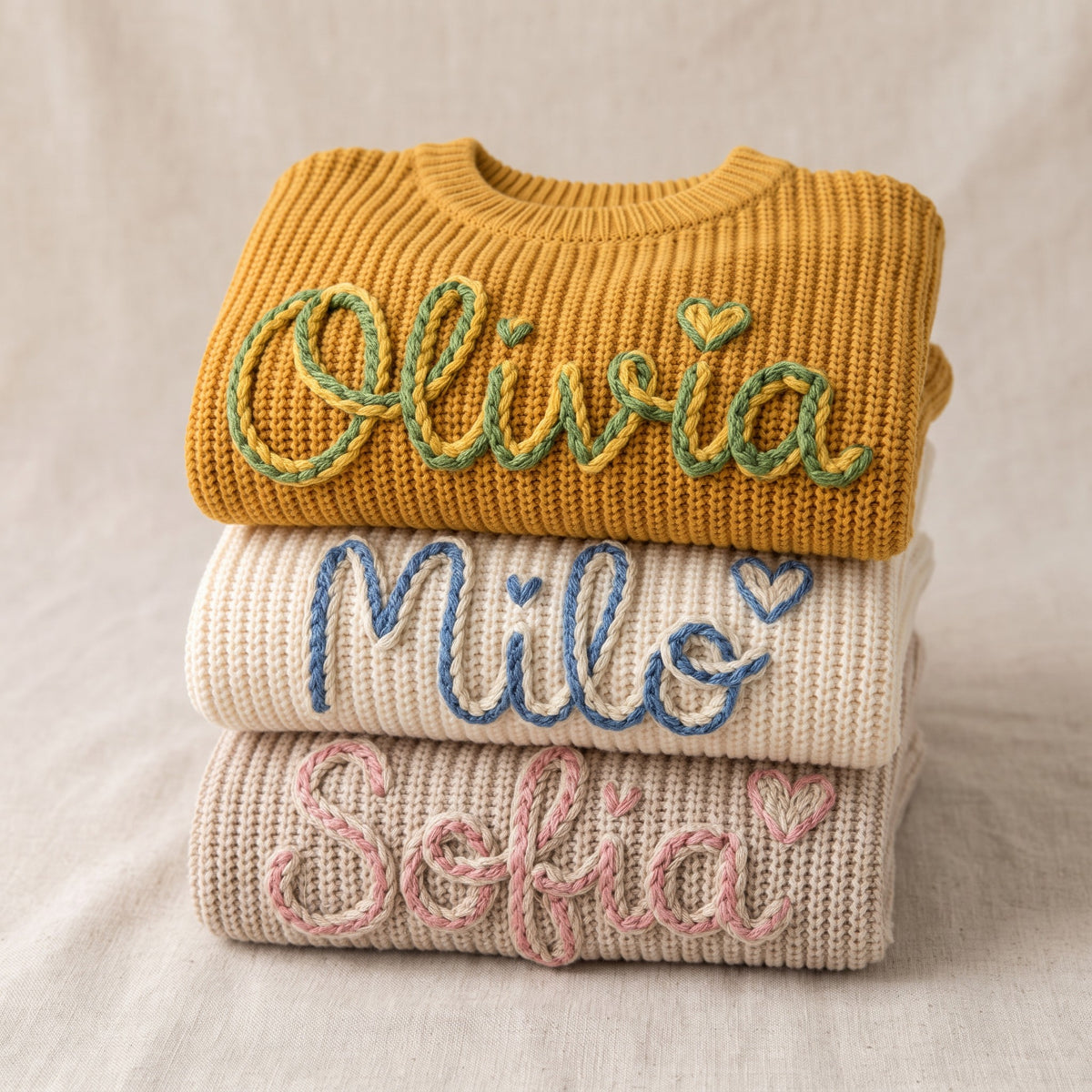 Hand embroidered name sweaters in three knit colors