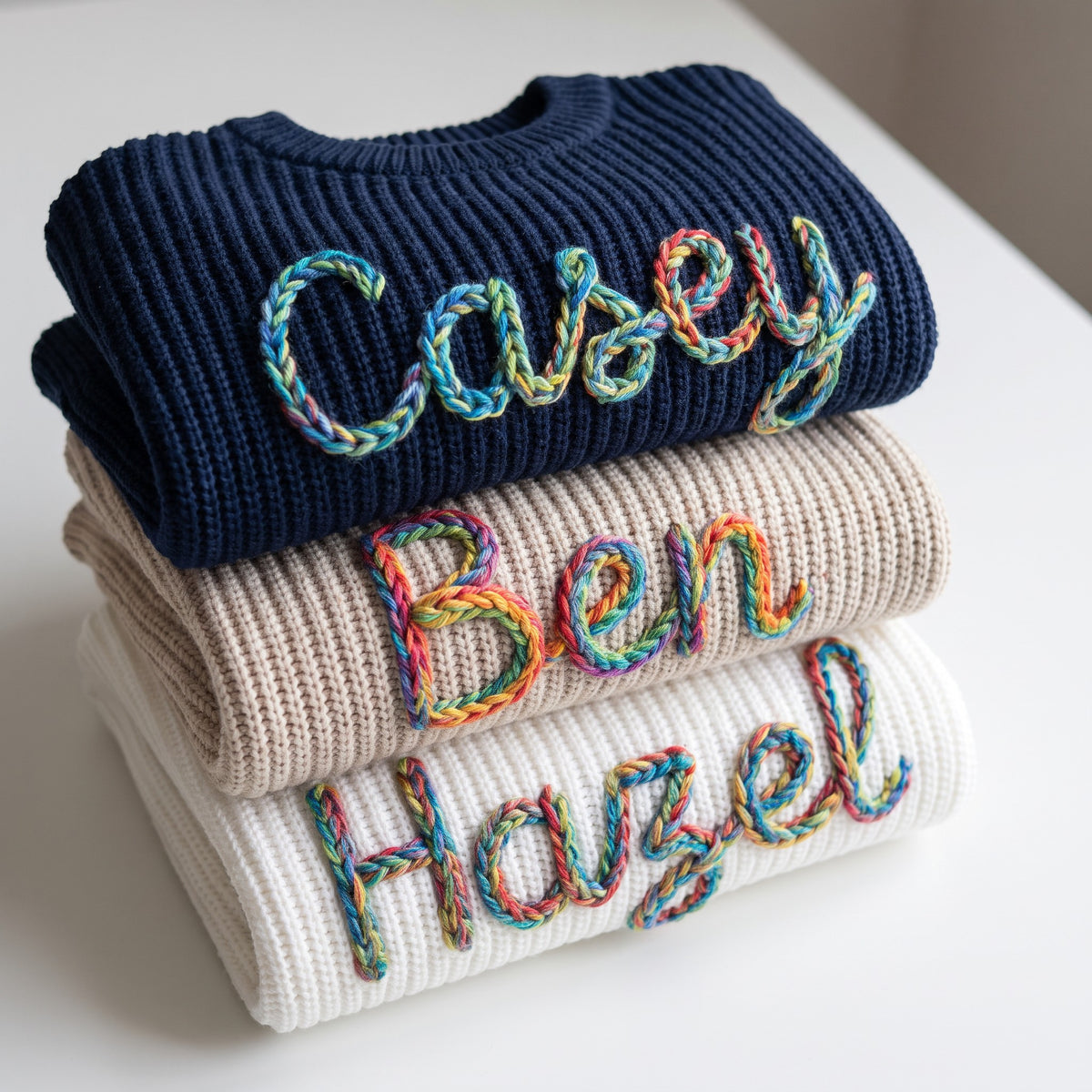 Hand embroidered name sweaters in three knit colors