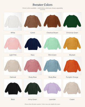Available knit colors for the hand embroidered kids sweater