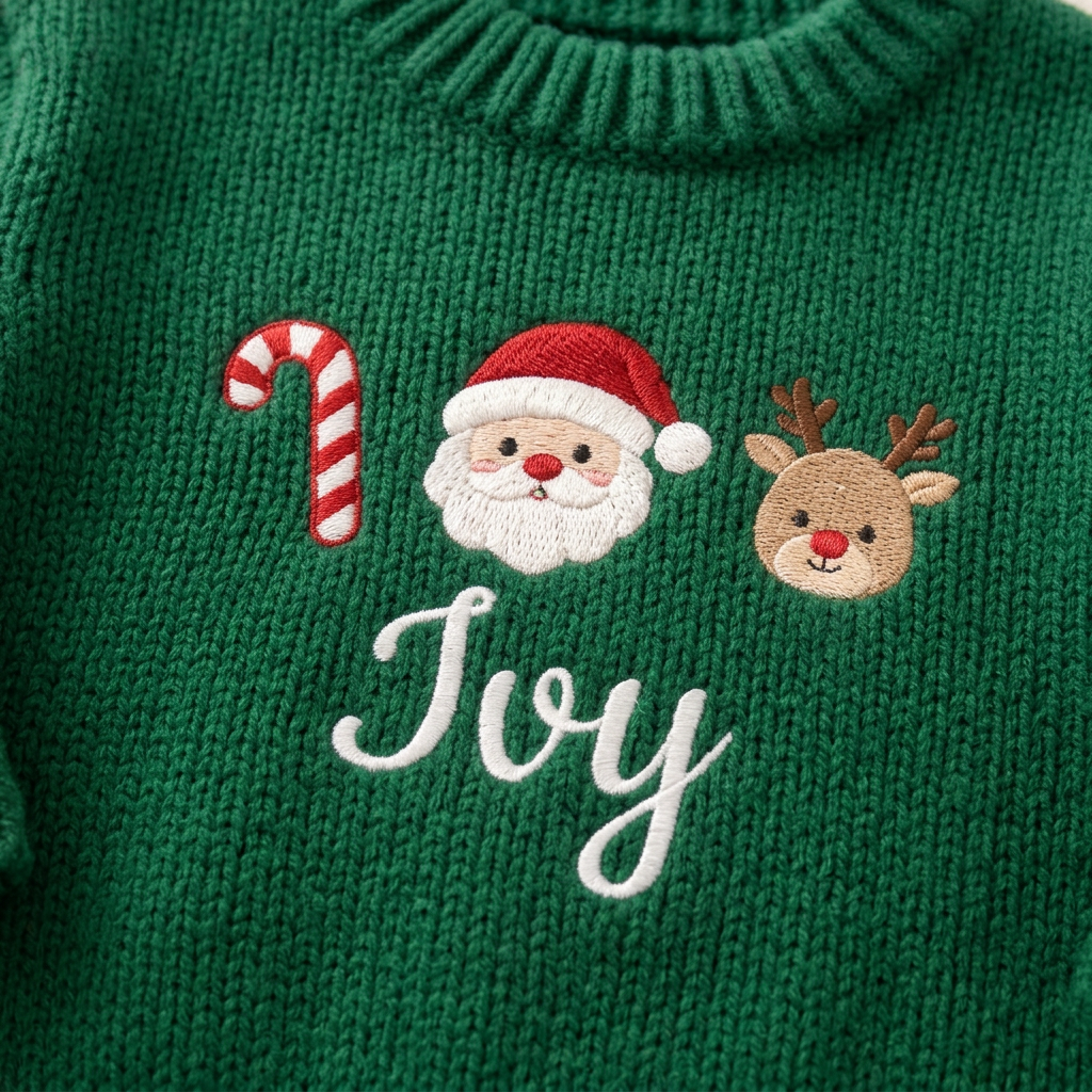 Close-up of machine embroidered candy cane, Santa & reindeer on chunky knit