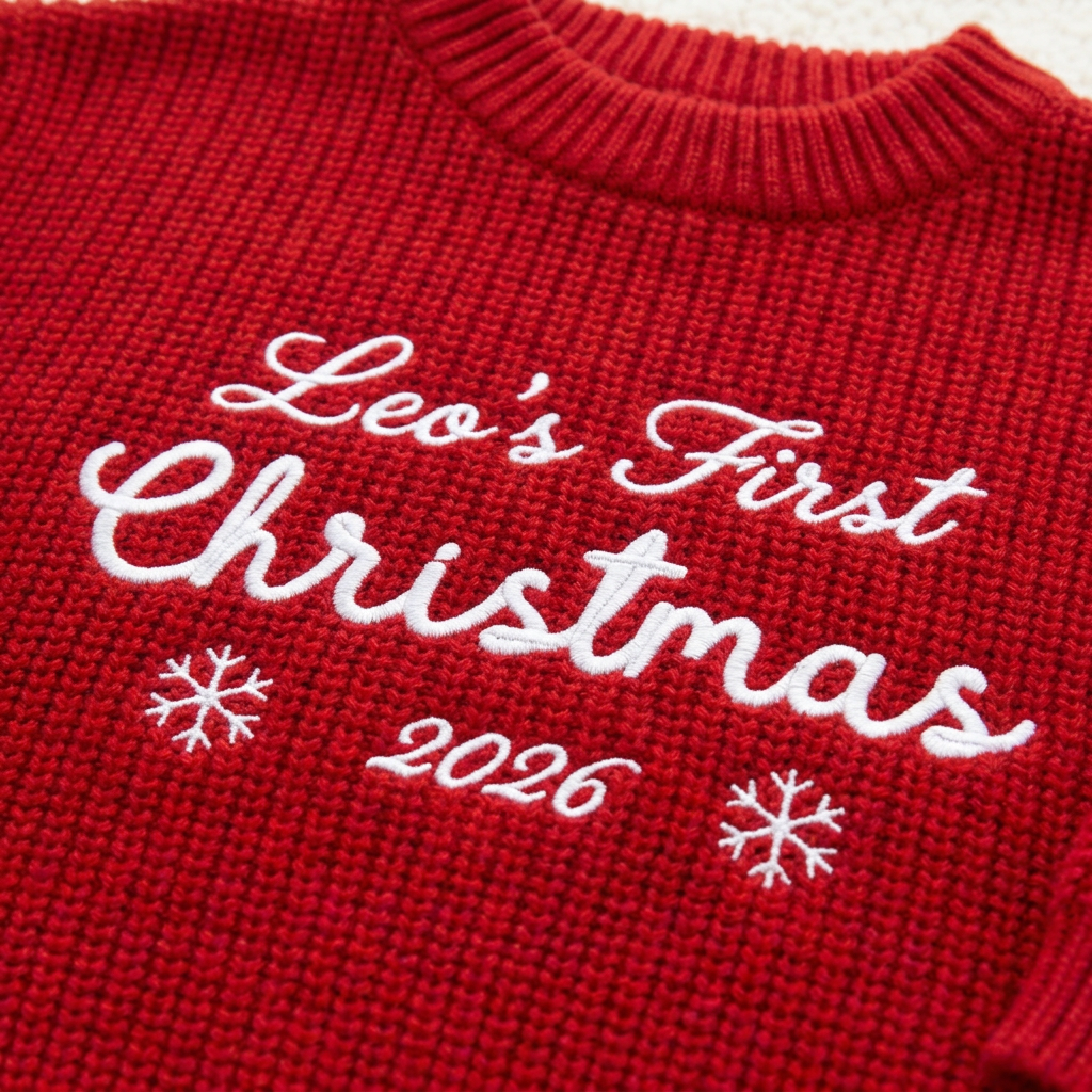 Close-up of machine embroidered first Christmas script on chunky knit