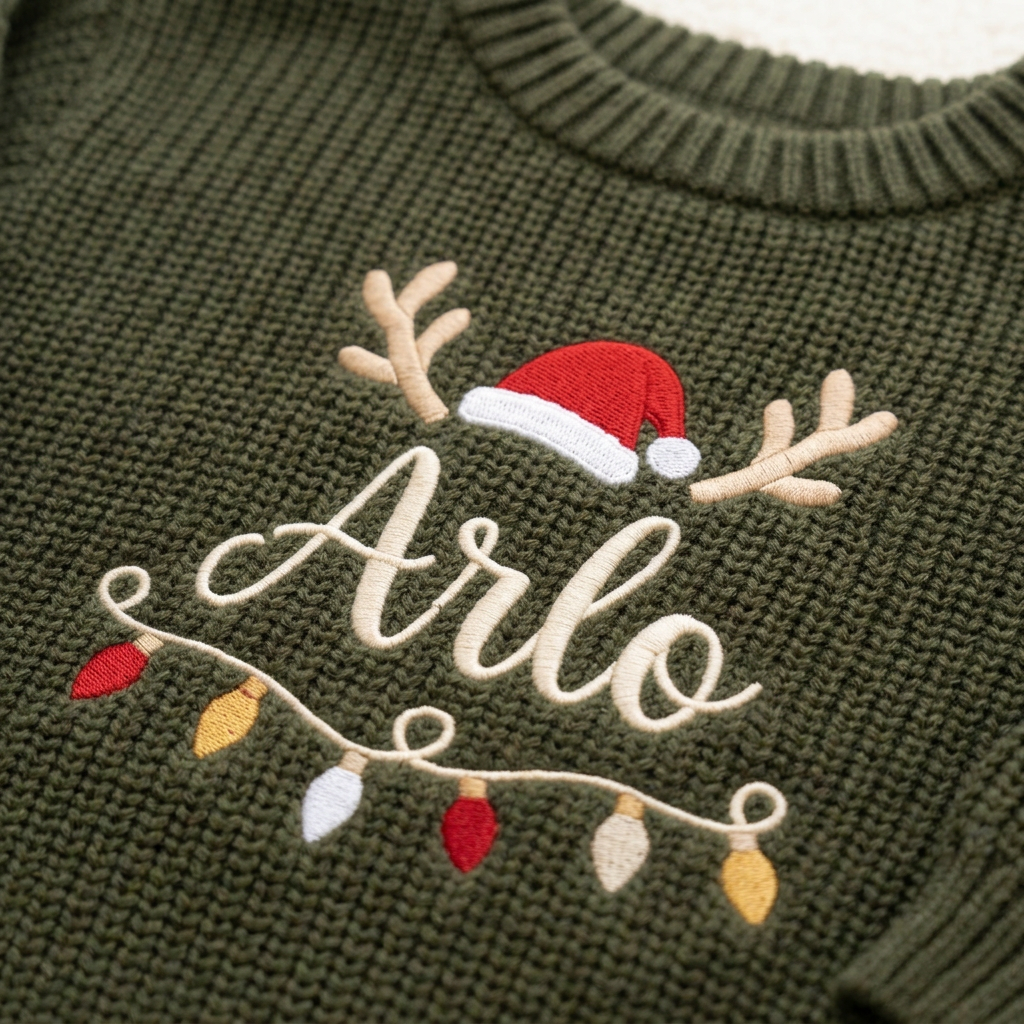 Close-up of machine embroidered reindeer antlers, Santa hat & lights on chunky knit