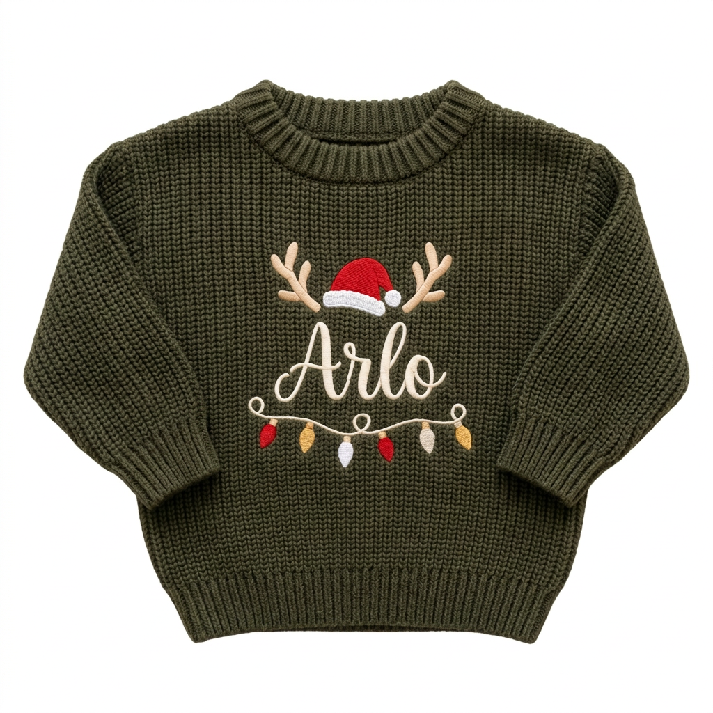 Machine embroidered reindeer antlers, Santa hat & lights baby Christmas sweater on a plain background
