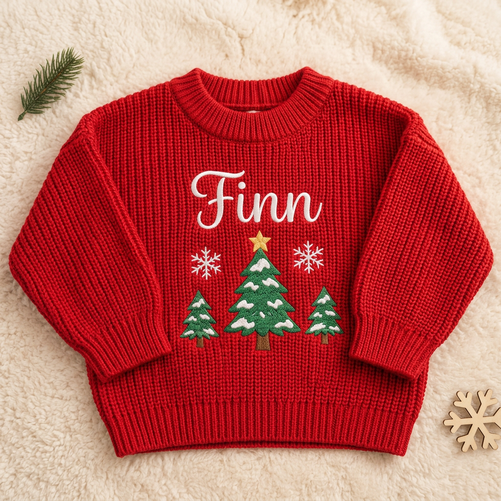 Machine embroidered three snowy Christmas trees baby Christmas sweater, flat lay