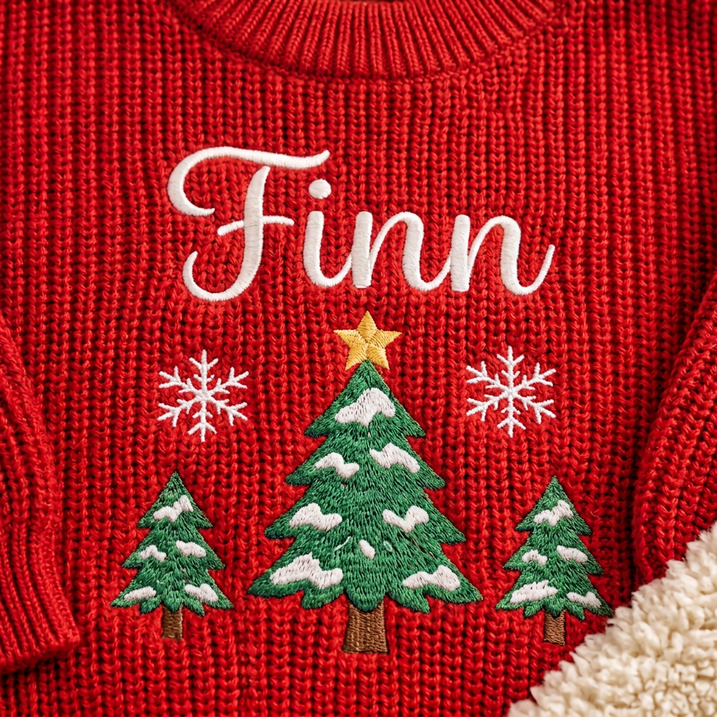 Close-up of machine embroidered three snowy Christmas trees on chunky knit