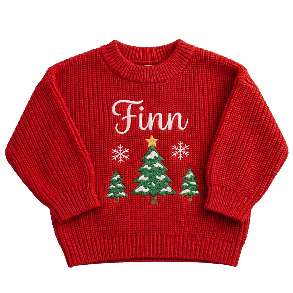 Machine embroidered three snowy Christmas trees baby Christmas sweater on a plain background